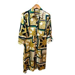 Scarf Print Green Gold Black Crème Ivory Button up Classy Shirt Dress 3/4 sleeve